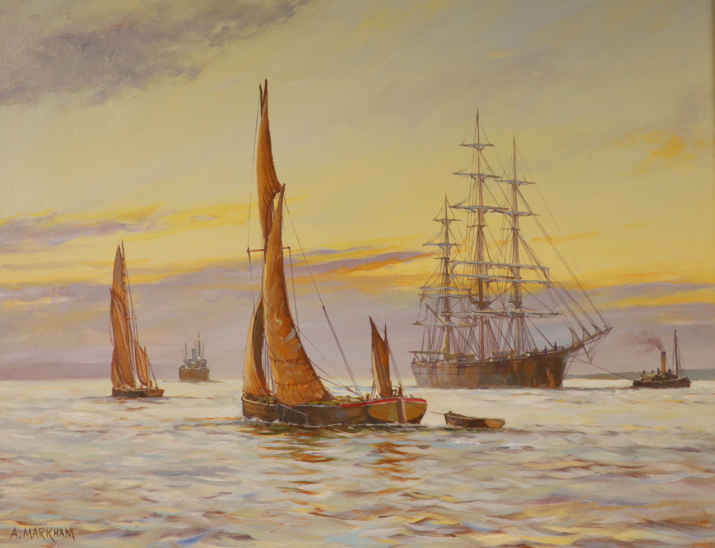 A* Markham (20th century), oil on canvas, Sailing barges and other vessels, signed, 40 x 50cm